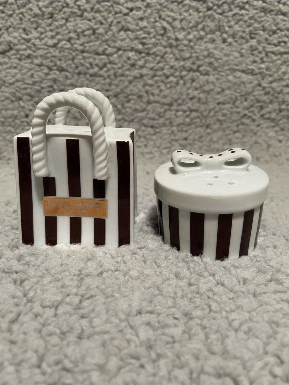 Henri Bendel Brown & White Striped Ceramic Salt and Pepper Shakers